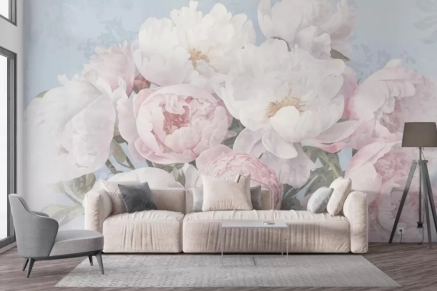 wall murals Текстурирани апстрактни ружичасти и бели божури са зеленим листовима, светло плава позадина, меке и деликатне боје, винтаге стил w09008