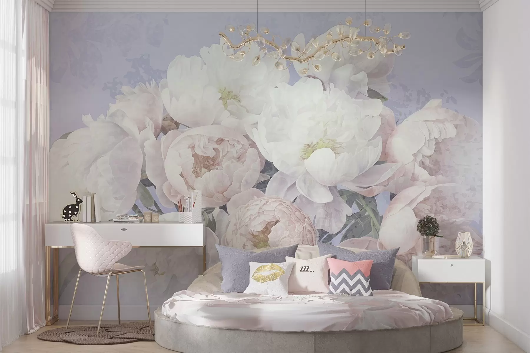 wall murals Текстурирана апстрактна бресква и бели божури са зеленим листовима, светла позадина, меке и деликатне боје, винтаге стил w09008v1