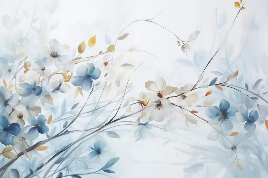 wall murals Цветни аранжман са плавим, наранџастим листовима и белим цветовима, деликатним латицама, танким гранама, нежним бојама, ефектом акварела w09009