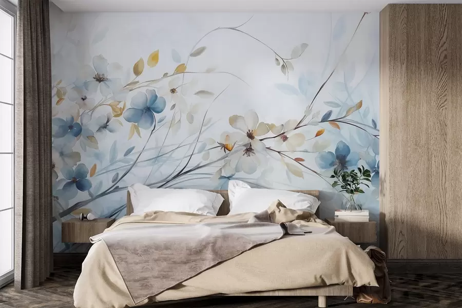 wall murals Цветни аранжман са плавим, наранџастим листовима и белим цветовима, деликатним латицама, танким гранама, нежним бојама, ефектом акварела w09009