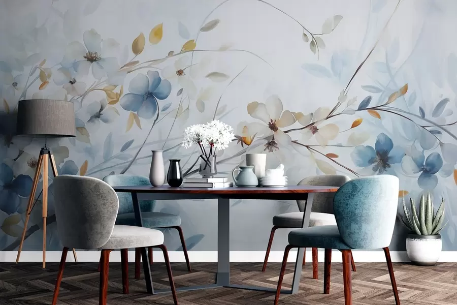 wall murals Цветни аранжман са плавим, наранџастим листовима и белим цветовима, деликатним латицама, танким гранама, нежним бојама, ефектом акварела w09009