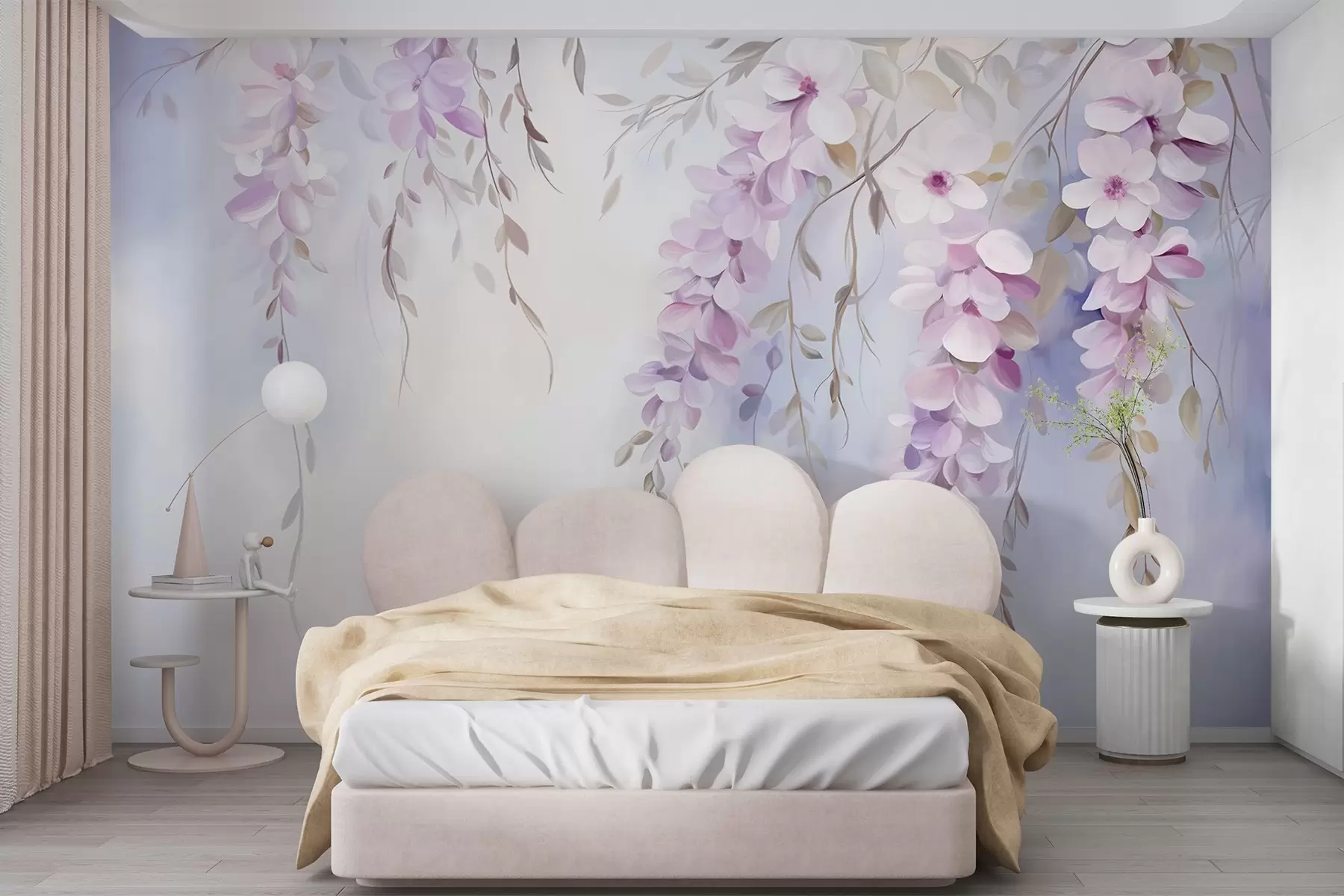 wall murals Цвеће глициније са латицама јоргована и зеленим листовима који виси са грана, нежне пастелне боје, пастелна позадина w09010