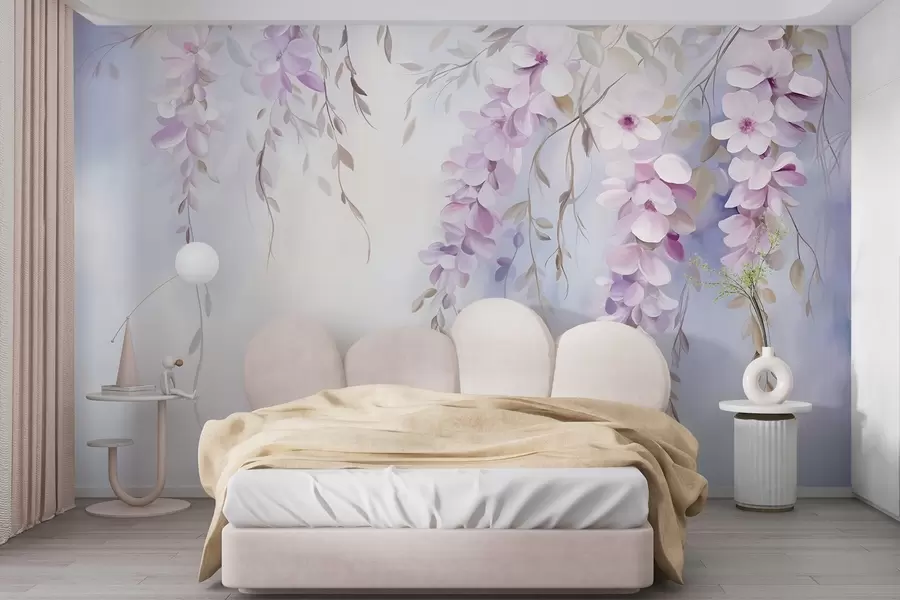 wall murals Цвеће глициније са латицама јоргована и зеленим листовима који виси са грана, нежне пастелне боје, пастелна позадина w09010