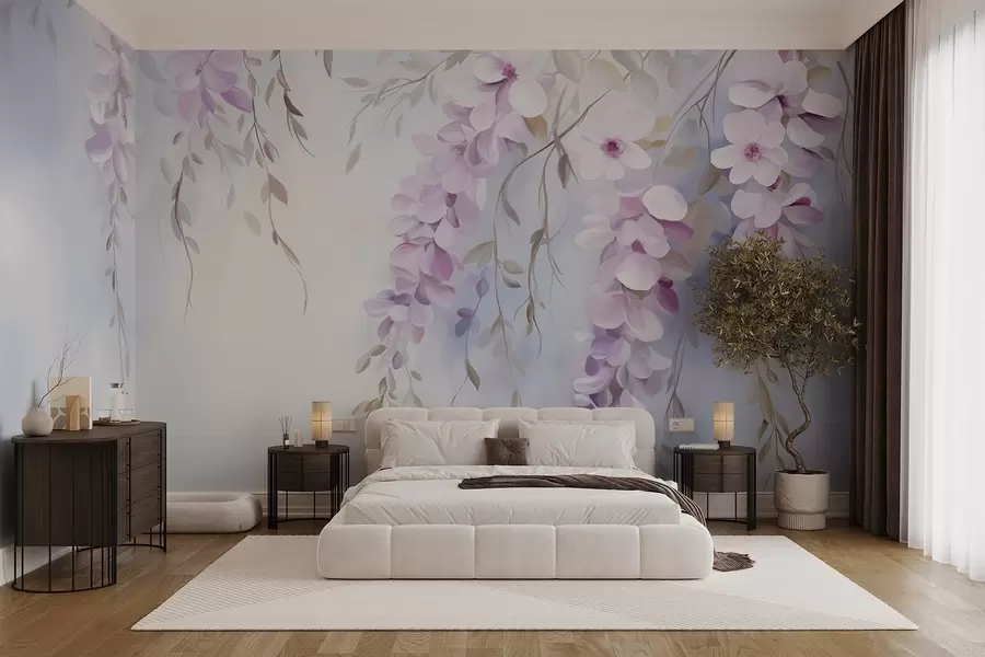 wall murals Цвеће глициније са латицама јоргована и зеленим листовима који виси са грана, нежне пастелне боје, пастелна позадина w09010