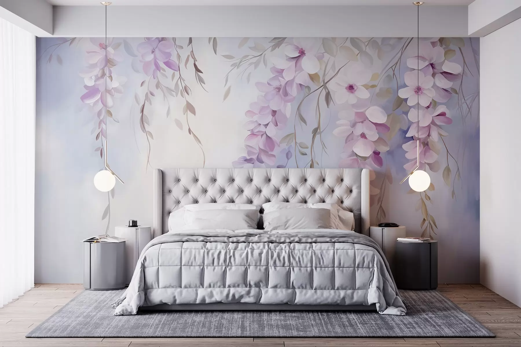 wall murals Цвеће глициније са латицама јоргована и зеленим листовима који виси са грана, нежне пастелне боје, пастелна позадина w09010