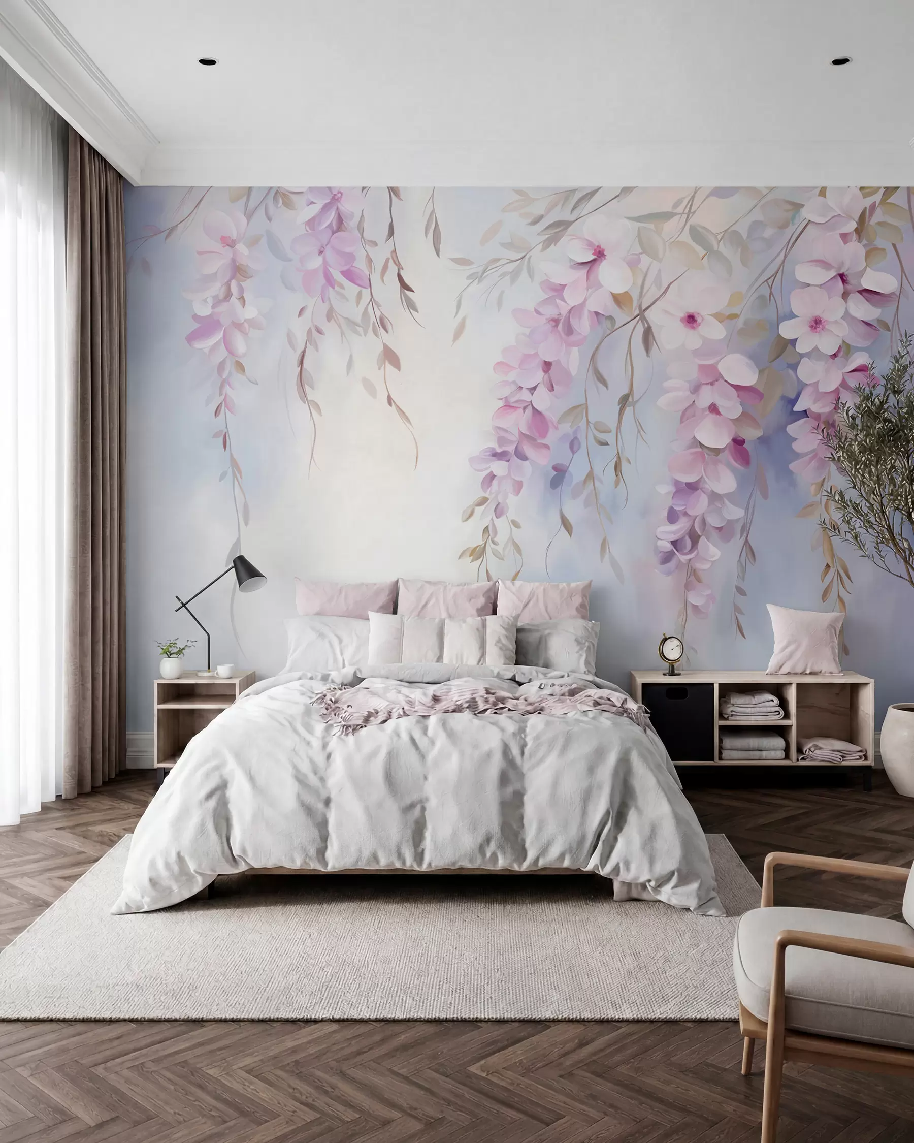 wall murals Цвеће глициније са латицама јоргована и зеленим листовима који виси са грана, нежне пастелне боје, пастелна позадина w09010