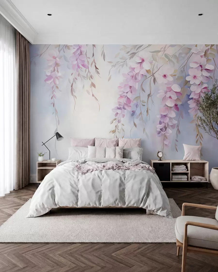 wall murals Цвеће глициније са латицама јоргована и зеленим листовима који виси са грана, нежне пастелне боје, пастелна позадина w09010