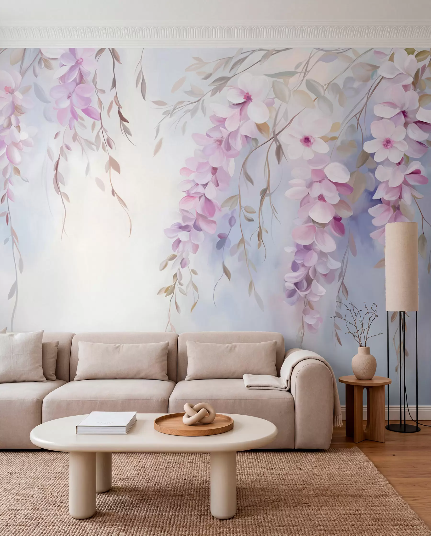 wall murals Цвеће глициније са латицама јоргована и зеленим листовима који виси са грана, нежне пастелне боје, пастелна позадина w09010
