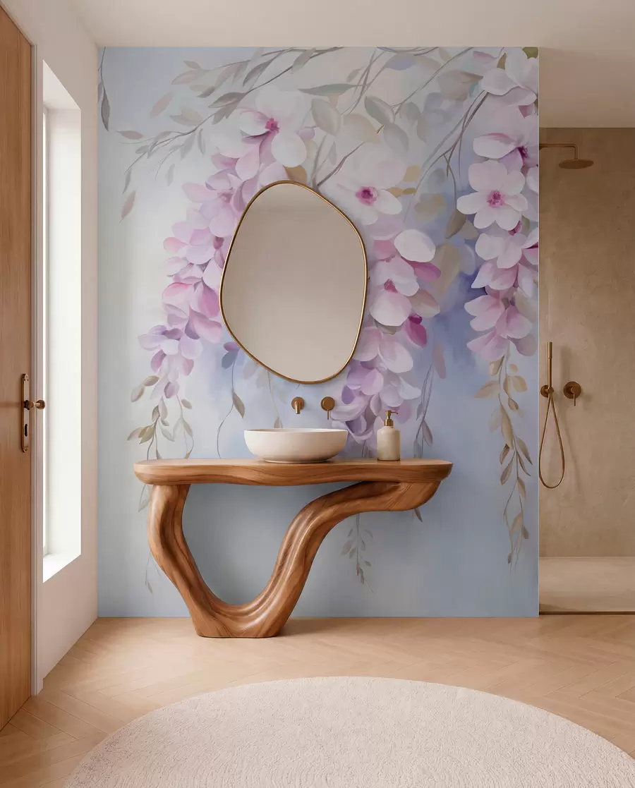 wall murals Цвеће глициније са латицама јоргована и зеленим листовима који виси са грана, нежне пастелне боје, пастелна позадина w09010