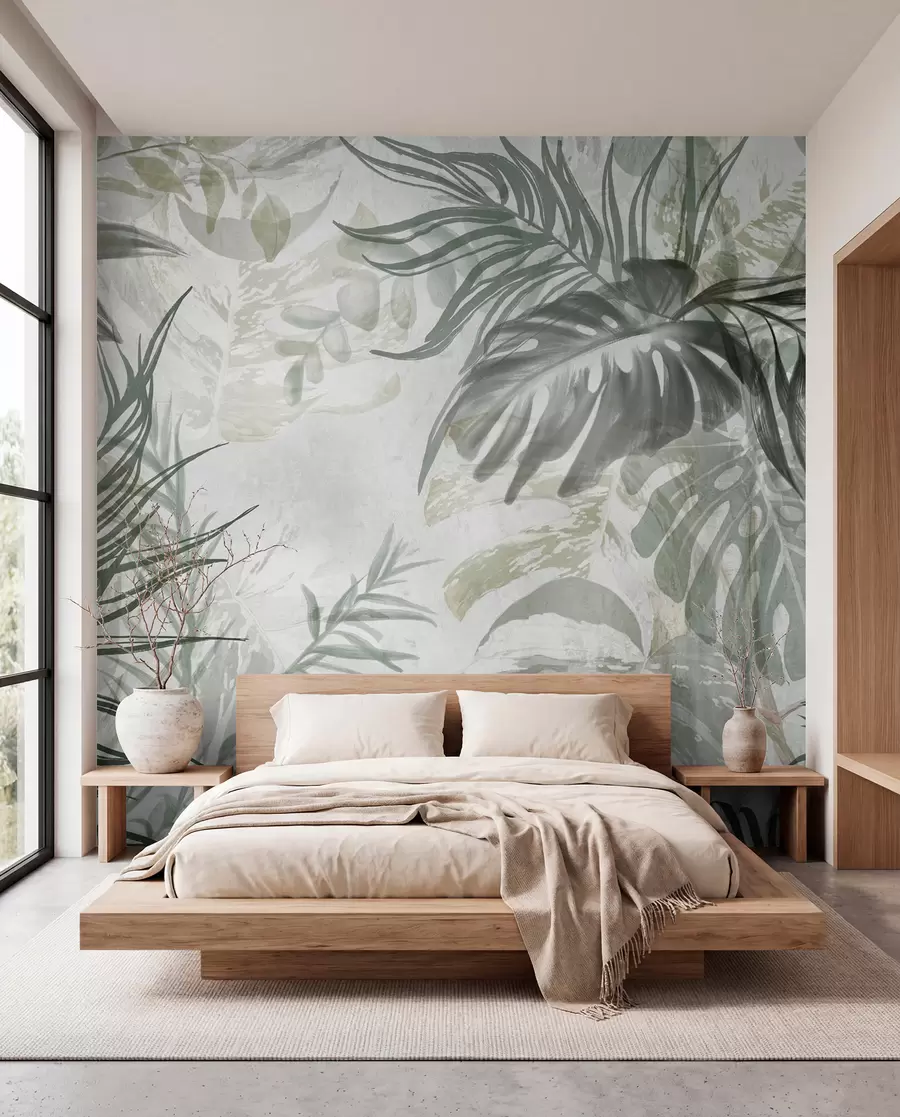 wall murals Монстера и палмино лишће у нијансама зелене и сиве, ботаничко, тропско лишће, биљке у џунгли, текстурирана позадина w09011