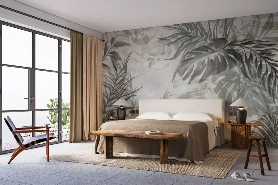 wall murals Монстера и палмино лишће у нијансама зелене и сиве, ботаничко, тропско лишће, биљке у џунгли, текстурирана позадина w09011