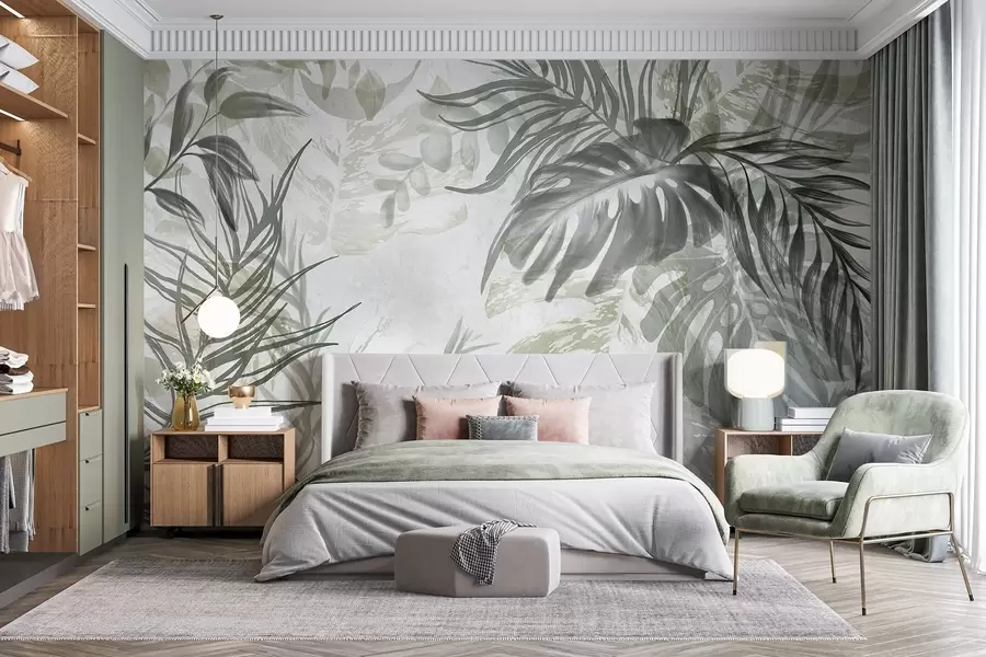 wall murals Монстера и палмино лишће у нијансама зелене и сиве, ботаничко, тропско лишће, биљке у џунгли, текстурирана позадина w09011