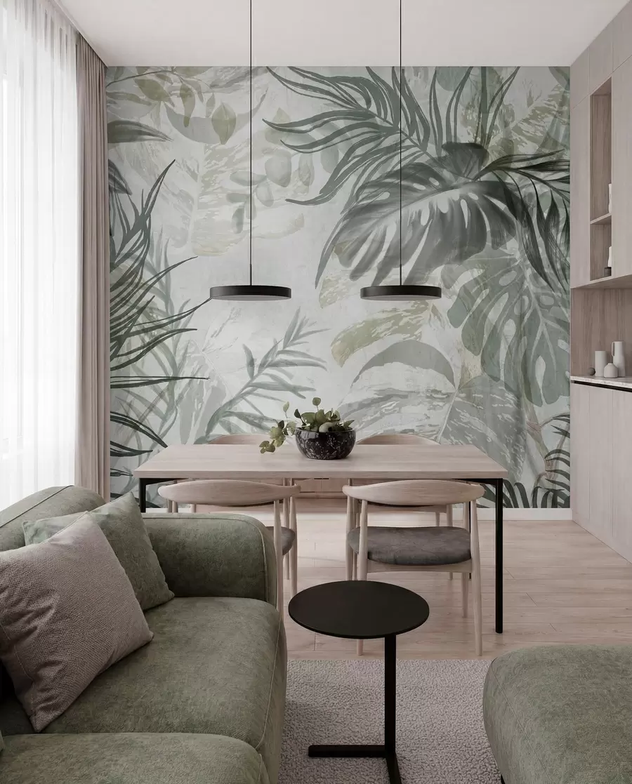 wall murals Монстера и палмино лишће у нијансама зелене и сиве, ботаничко, тропско лишће, биљке у џунгли, текстурирана позадина w09011