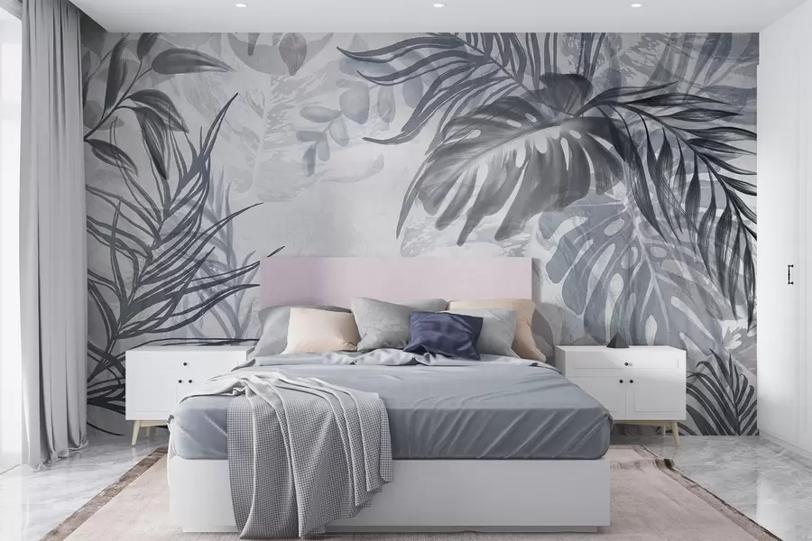 wall murals Монстера и палмино лишће у нијансама плаве и сиве, ботаничко, тропско лишће, биљке у џунгли, текстурирана позадина w09011v1