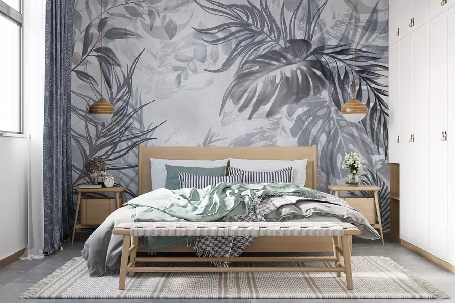 wall murals Монстера и палмино лишће у нијансама плаве и сиве, ботаничко, тропско лишће, биљке у џунгли, текстурирана позадина w09011v1
