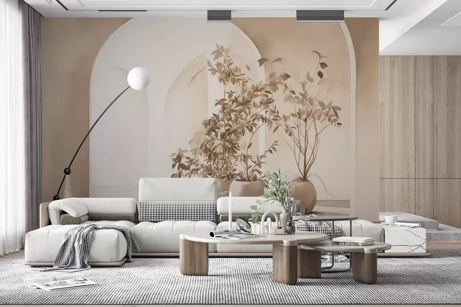 wall murals Биљке у саксијама са беж тоновима испред апстрактних лукова, минималистички стил, елегантна и чиста, неутрална позадина w09013