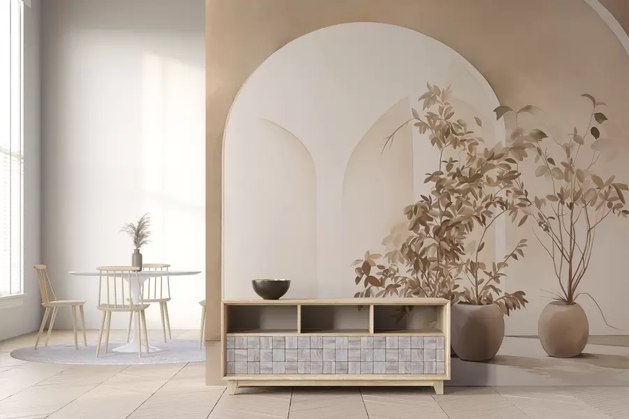 wall murals Биљке у саксијама са беж тоновима испред апстрактних лукова, минималистички стил, елегантна и чиста, неутрална позадина w09013