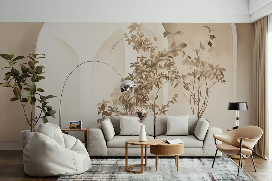 wall murals Биљке у саксијама са беж тоновима испред апстрактних лукова, минималистички стил, елегантна и чиста, неутрална позадина w09013