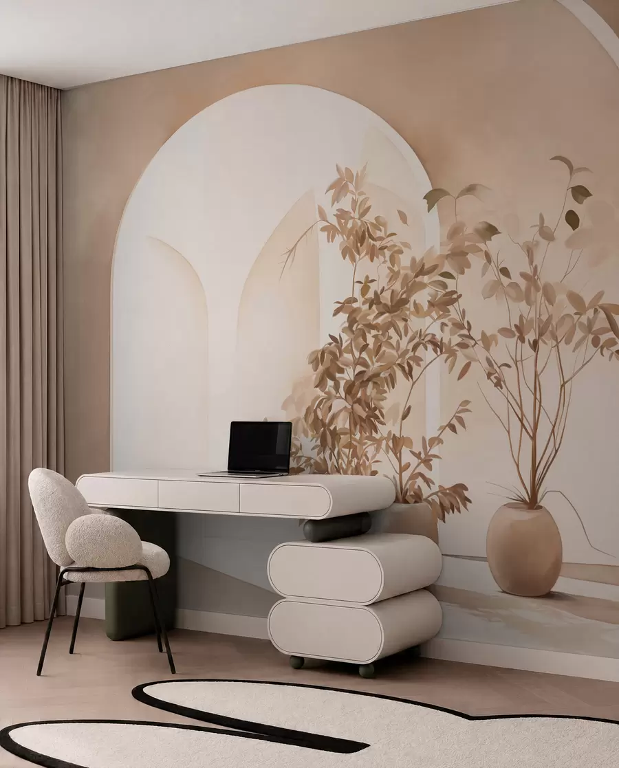 wall murals Биљке у саксијама са беж тоновима испред апстрактних лукова, минималистички стил, елегантна и чиста, неутрална позадина w09013