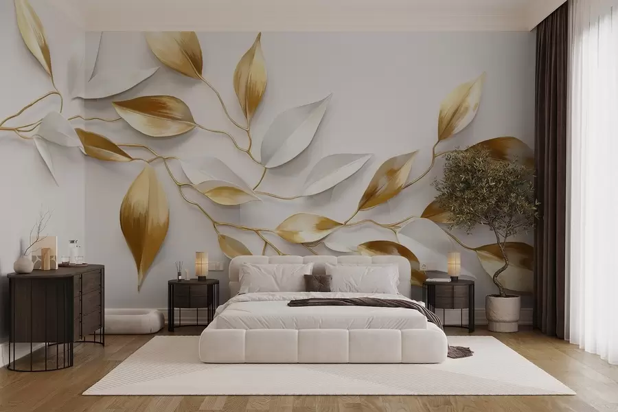 wall murals Жуто и бело лишће на грани, елегантан дизајн, бела позадина, минималистички стил, декоративна уметност, инспирисан природом w09015