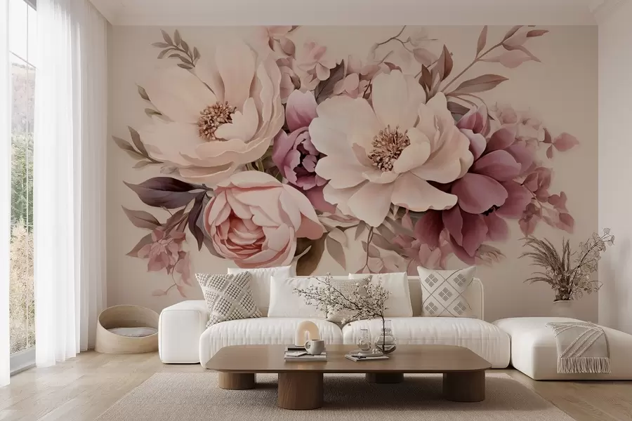 wall murals Деликатна композиција розе и беж цвећа, божури са листовима w09019