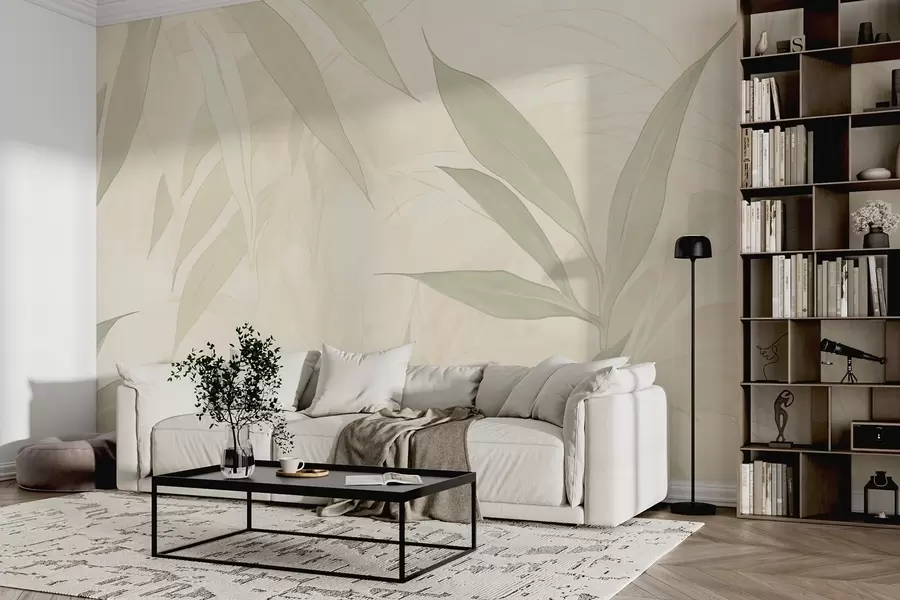wall murals Гране са листовима у меким зеленим тоновима на беж позадини w09027
