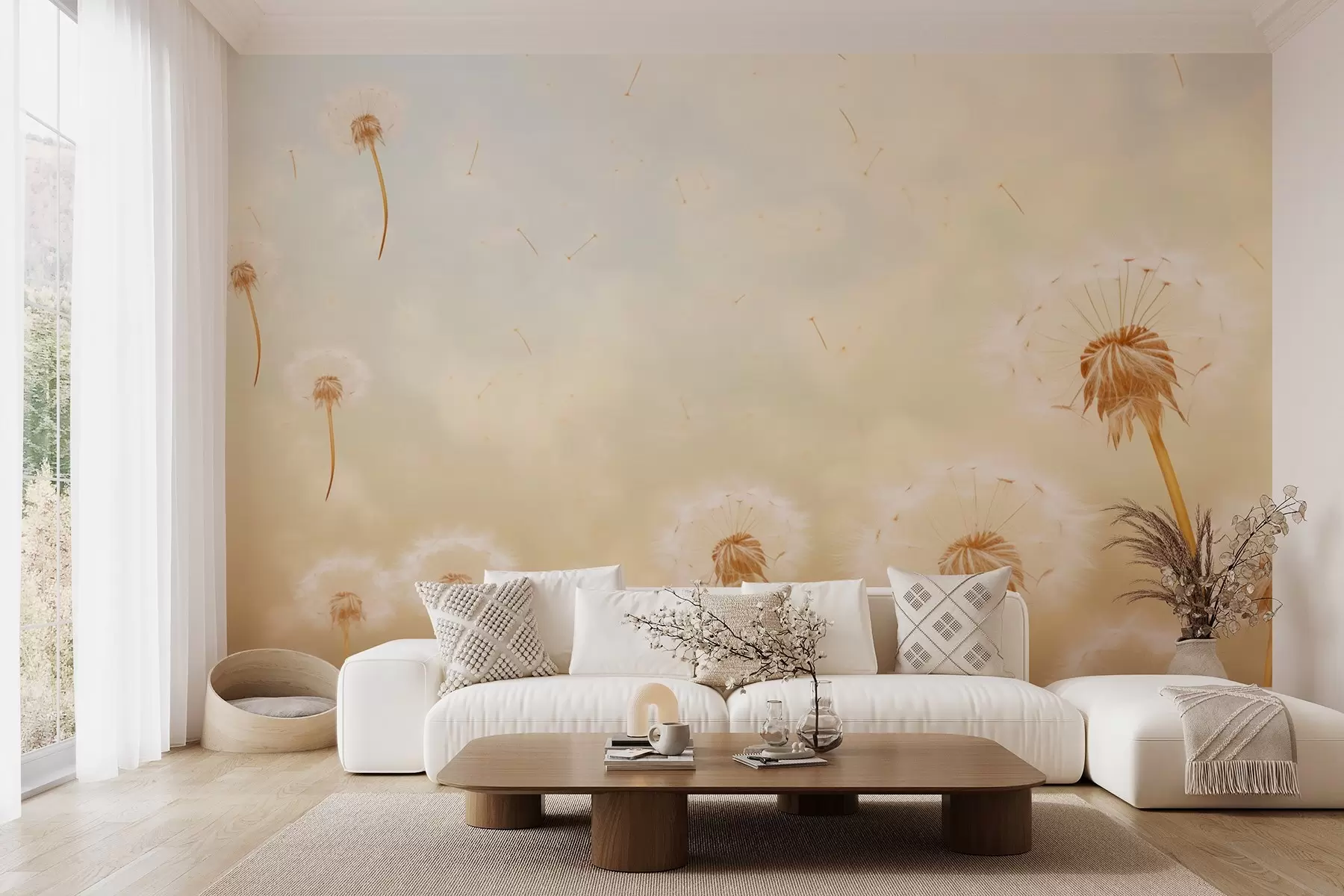 wall murals Ваздушни беж маслачак који дува на ветру против неба w09028