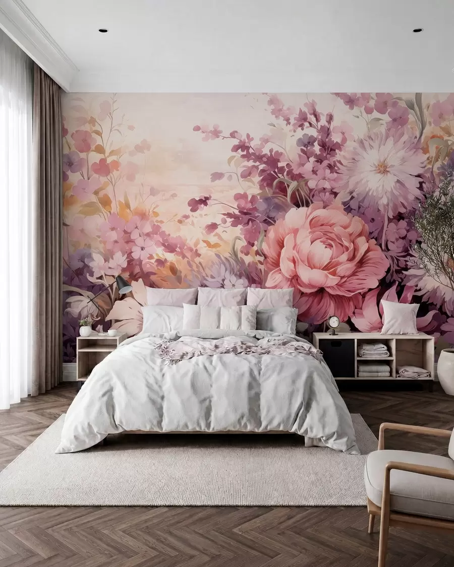 wall murals Шарено цвеће у розе и љубичастим тоновима: јорговани, божури, хризантеме w09039