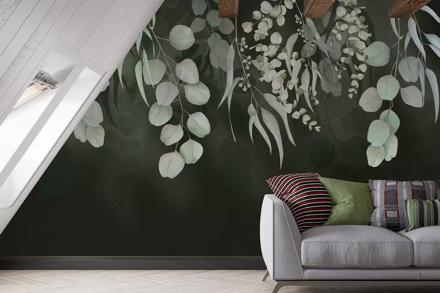 wall murals Тропско лишће на тамнозеленој позадини, цветно w03752
