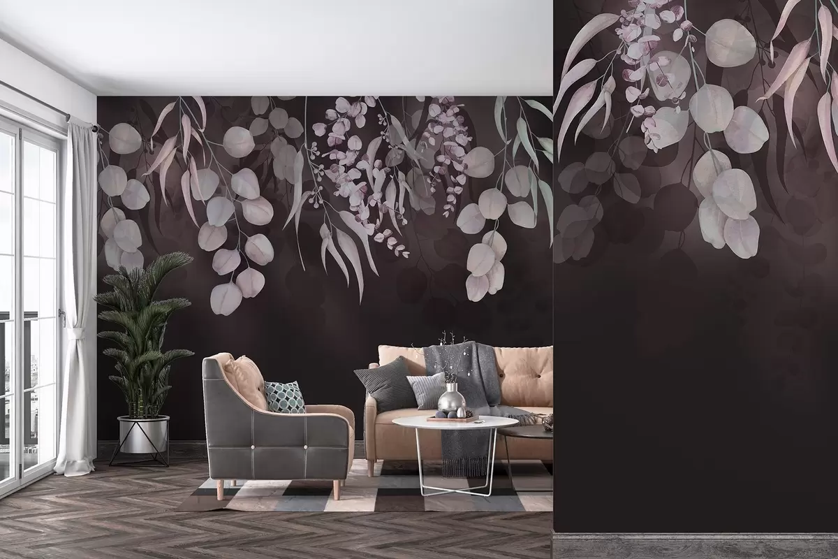 wall murals Тропско лишће на тамној бордо позадини, цветно w03752v1