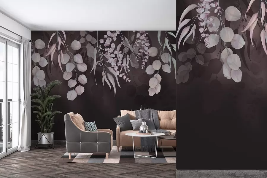 wall murals Тропско лишће на тамној бордо позадини, цветно w03752v1