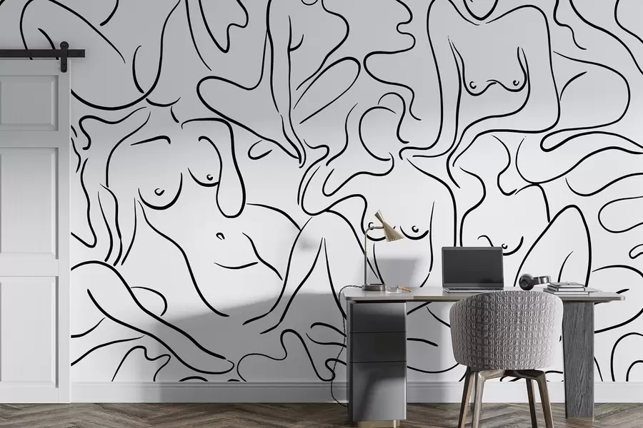 wall murals Цртање линија силуета женских тела, апстракција, црна боја w03755
