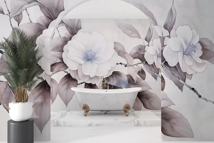 wall murals Цвеће камелије у акварелу на грани, љубичасте боје w03761v1