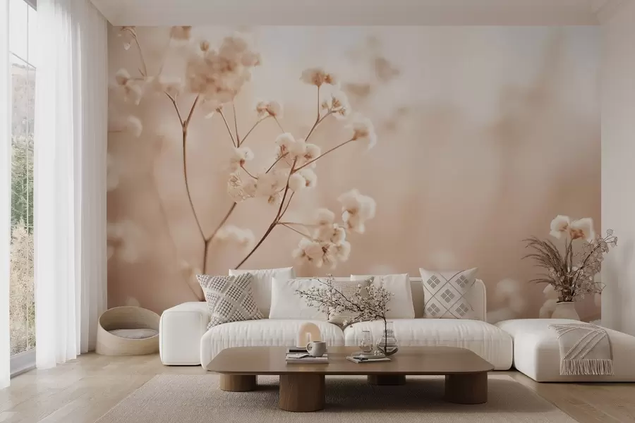 wall murals Нежно кремасто суво цвеће ван фокуса на топлој позадини w03793