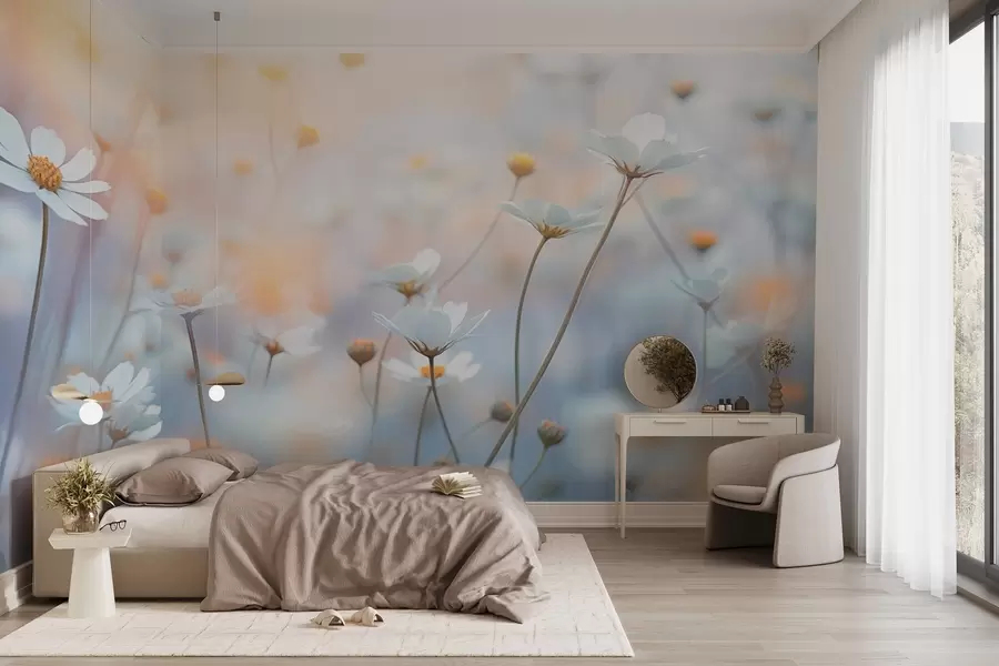 wall murals Светло плаво цвеће са топлим вечерњим светлом w03802