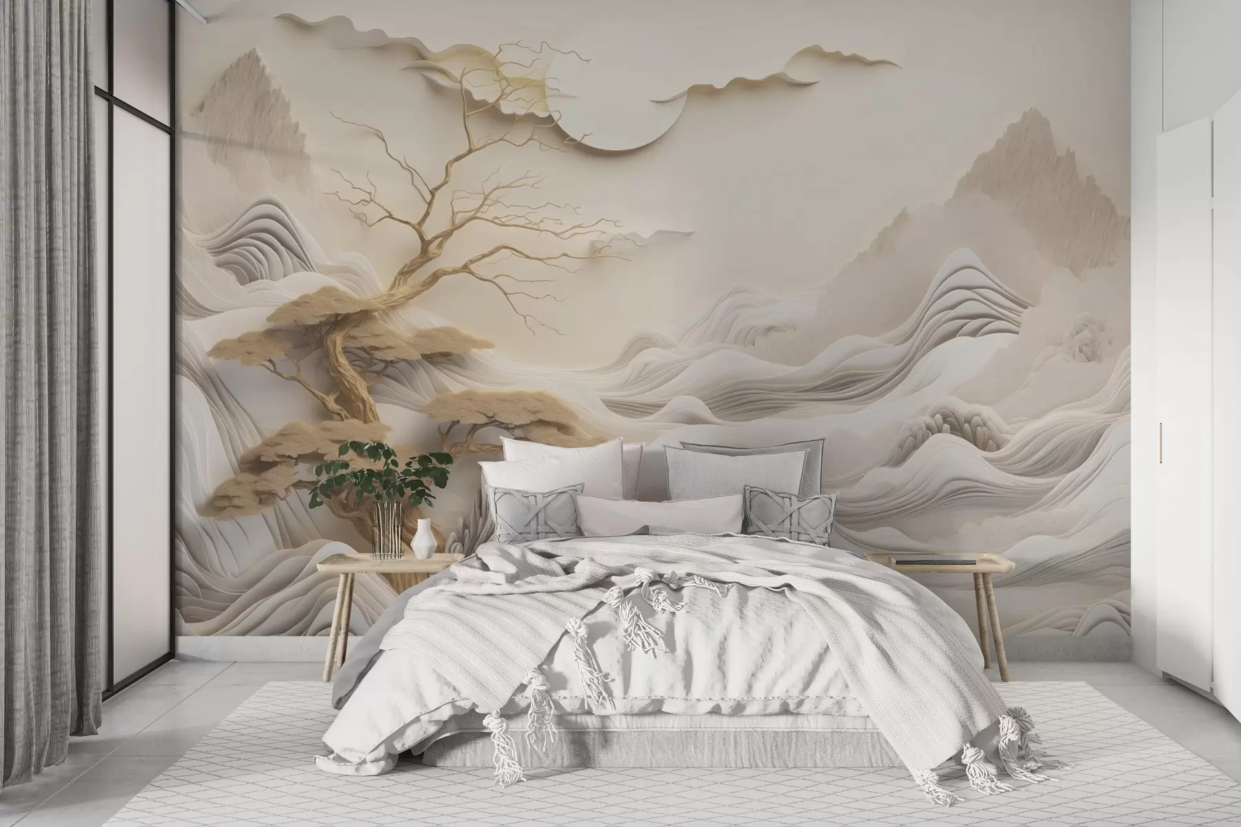 wall murals Оријентални пејзаж са дрвећем и планинама w03803