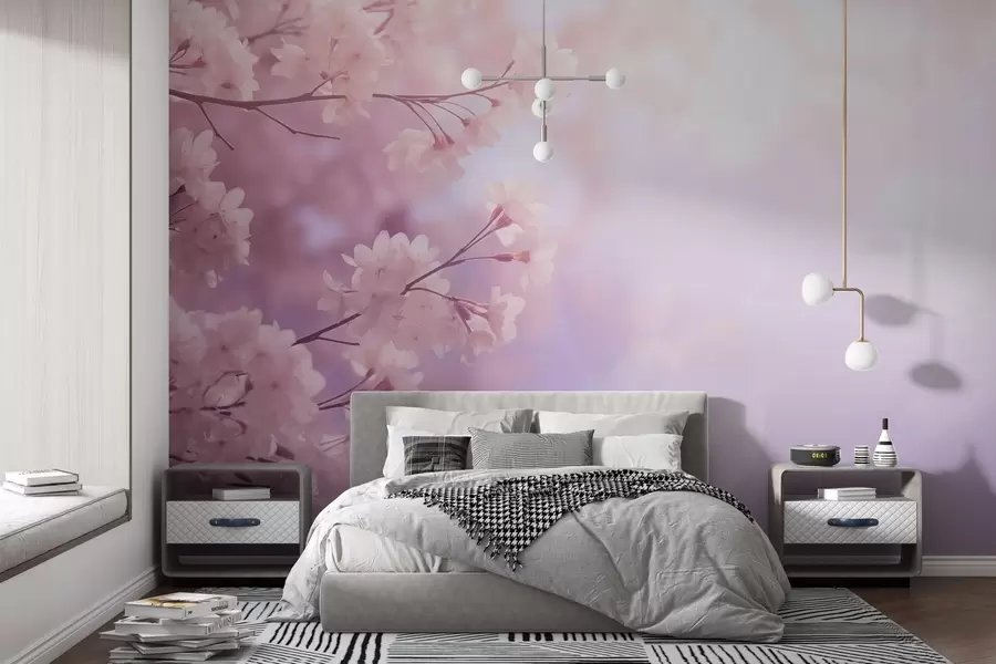 wall murals Гране сакуре са ружичастим цветовима на пастелној позадини w03804