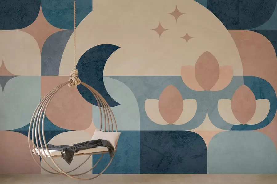 wall murals геометријска апстракција, где су меки облици глатко преплетени са симболима месеца, цвећа и звезда w03723