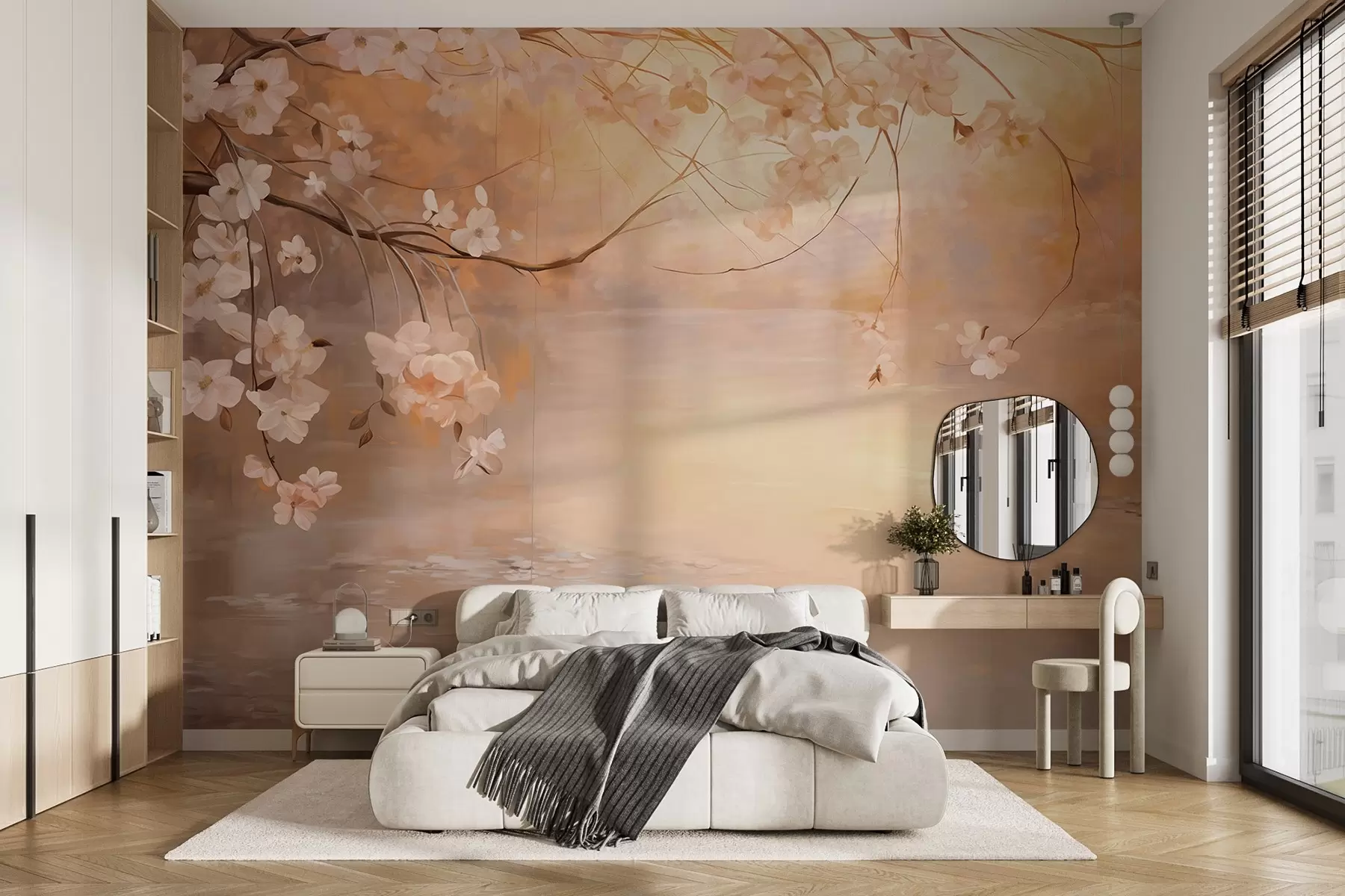 wall murals Апстрактна пејзажна уметност са цветном граном и белим цвећем који виси изнад језера, нежне пастелне боје w09046