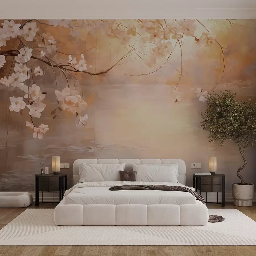 wall murals Апстрактна пејзажна уметност са цветном граном и белим цвећем који виси изнад језера, нежне пастелне боје w09046