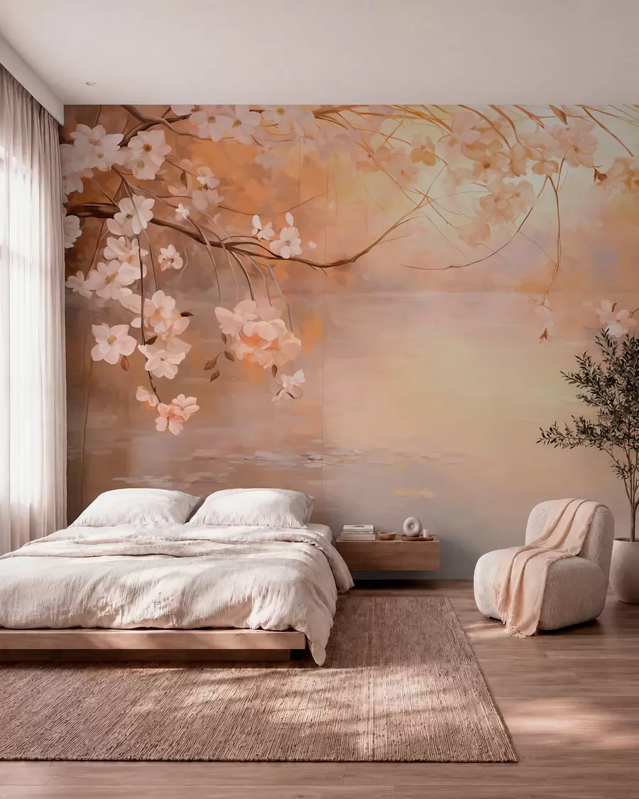 wall murals Апстрактна пејзажна уметност са цветном граном и белим цвећем који виси изнад језера, нежне пастелне боје w09046