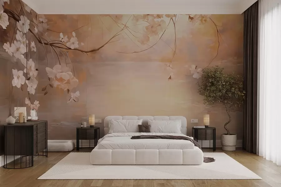 wall murals Апстрактна пејзажна уметност са цветном граном и белим цвећем који виси изнад језера, нежне пастелне боје w09046