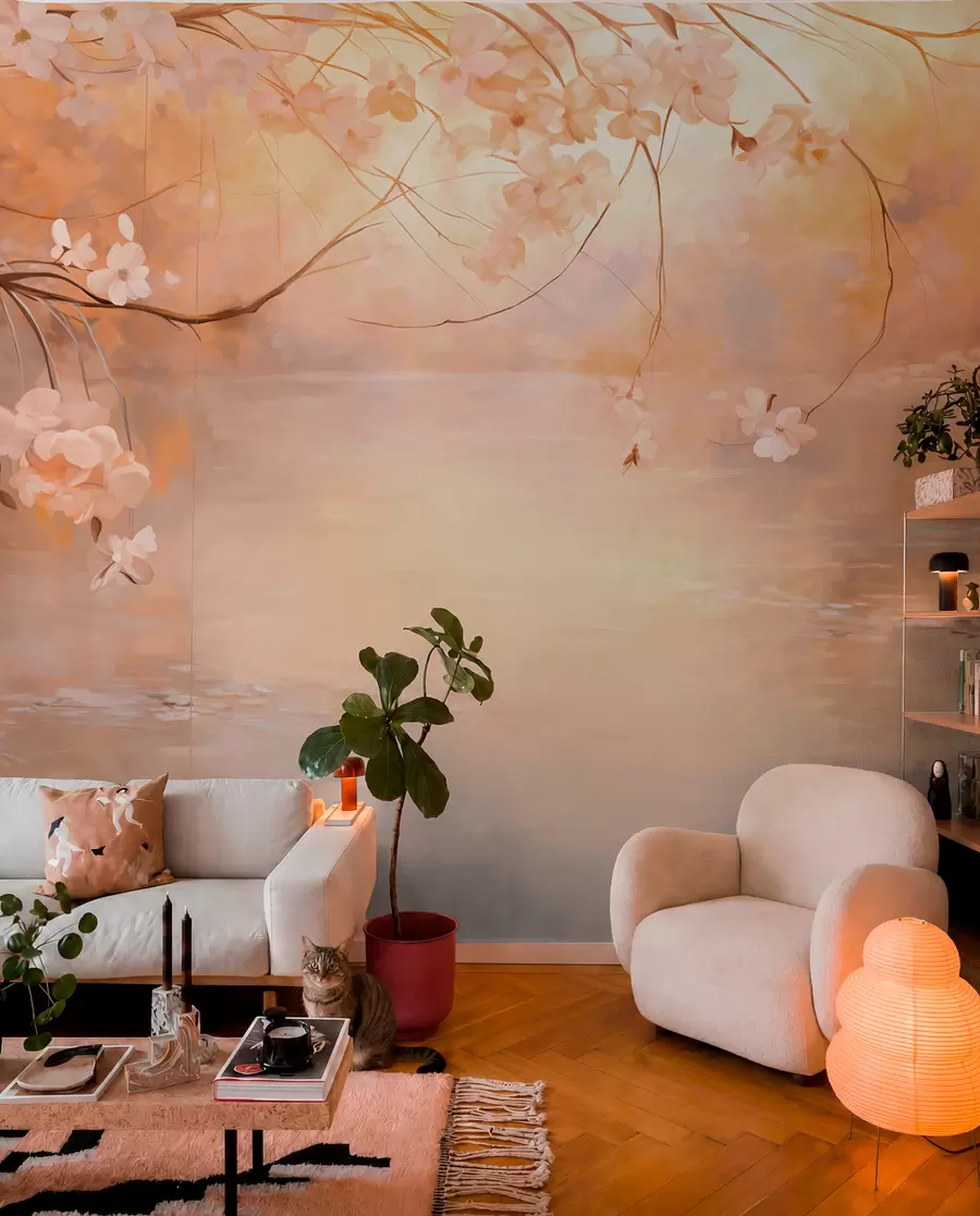 wall murals Апстрактна пејзажна уметност са цветном граном и белим цвећем који виси изнад језера, нежне пастелне боје w09046