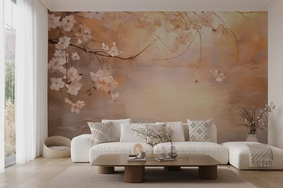 wall murals Апстрактна пејзажна уметност са цветном граном и белим цвећем који виси изнад језера, нежне пастелне боје w09046