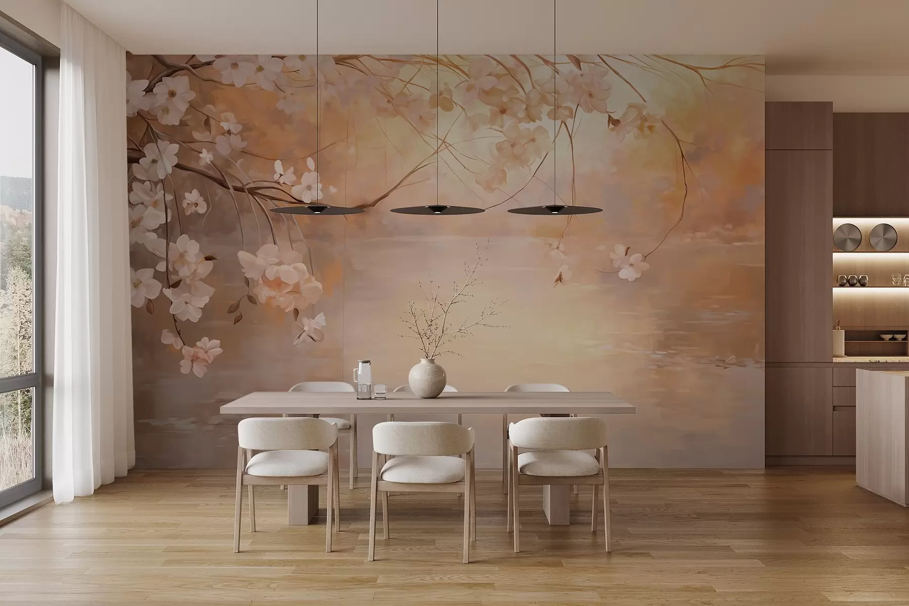 wall murals Апстрактна пејзажна уметност са цветном граном и белим цвећем који виси изнад језера, нежне пастелне боје w09046