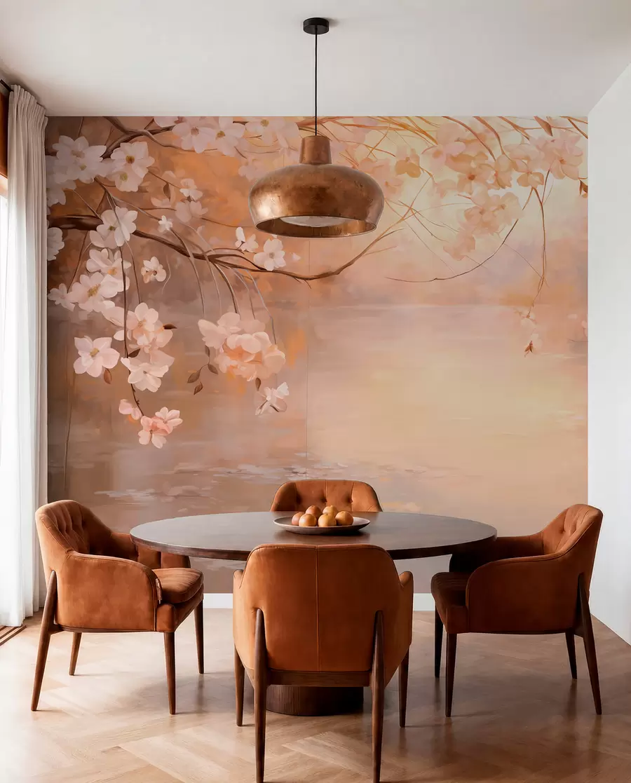 wall murals Апстрактна пејзажна уметност са цветном граном и белим цвећем који виси изнад језера, нежне пастелне боје w09046