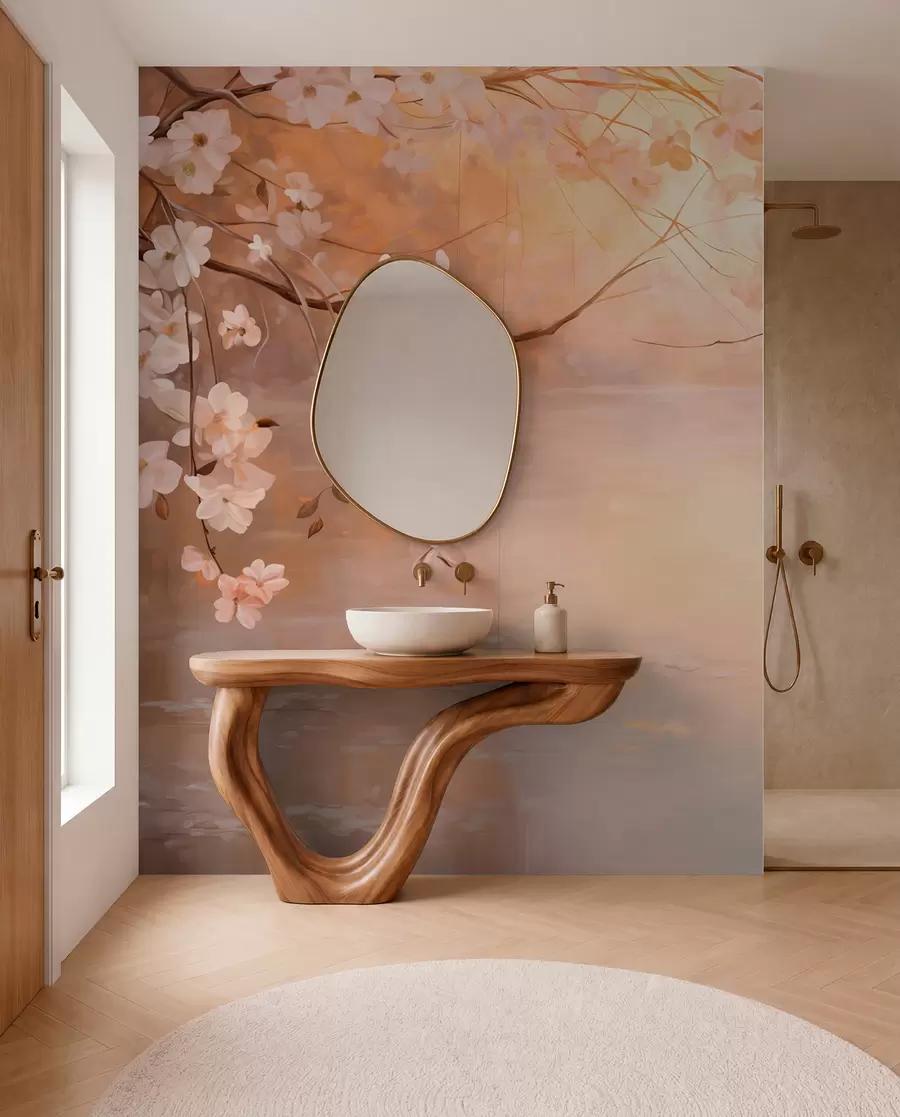 wall murals Апстрактна пејзажна уметност са цветном граном и белим цвећем који виси изнад језера, нежне пастелне боје w09046