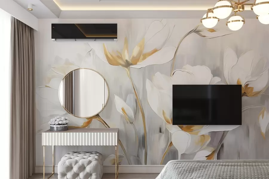 wall murals Бело апстрактно цвеће са белим латицама и стабљикама на сивој позадини са сивим и белим вертикалним потезима w09047