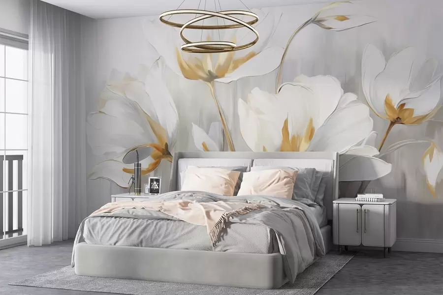 wall murals Бело апстрактно цвеће са белим латицама и стабљикама на сивој позадини са сивим и белим вертикалним потезима w09047
