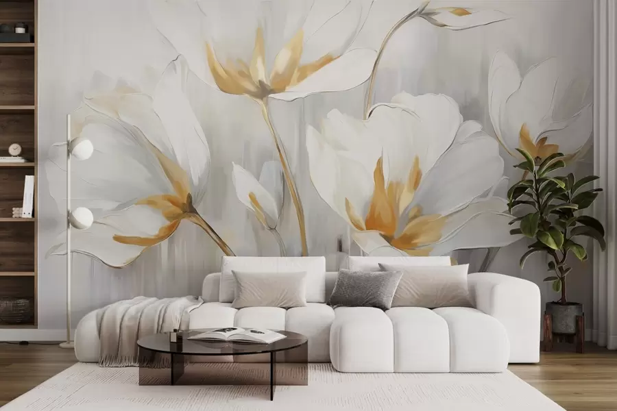 wall murals Бело апстрактно цвеће са белим латицама и стабљикама на сивој позадини са сивим и белим вертикалним потезима w09047